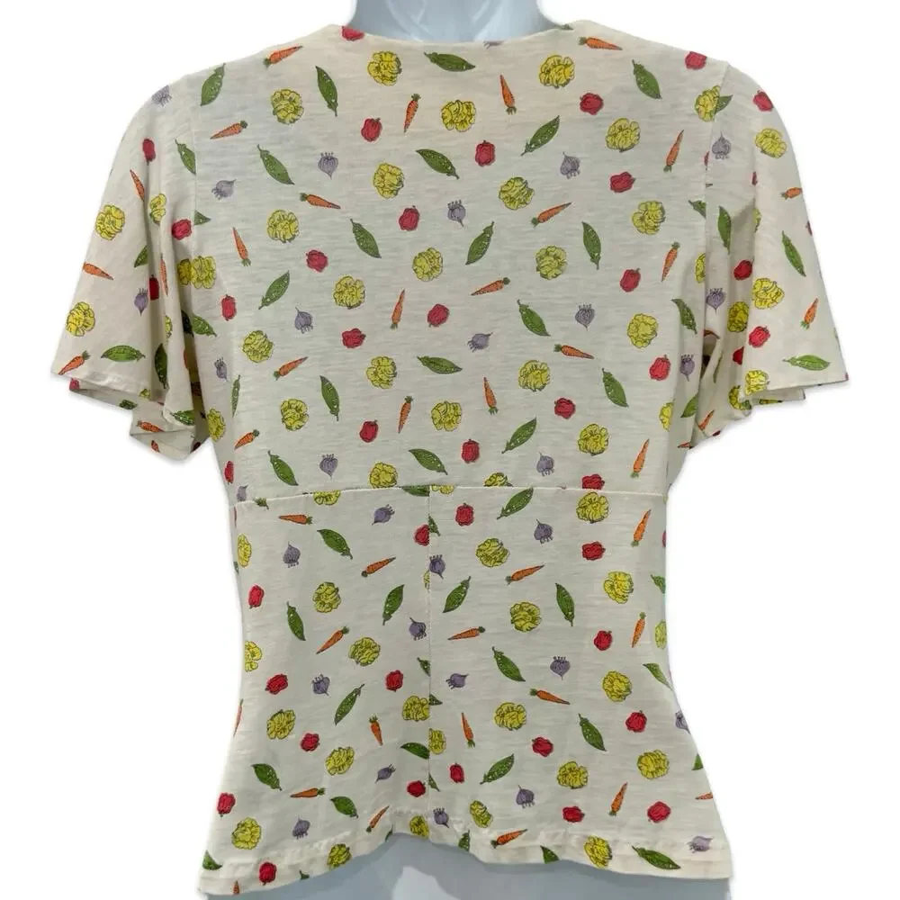 Vintage Tie Front Ivory Vegetable Print Carrot Tomato Peas Lettuce Tee size S - Picture 5 of 10